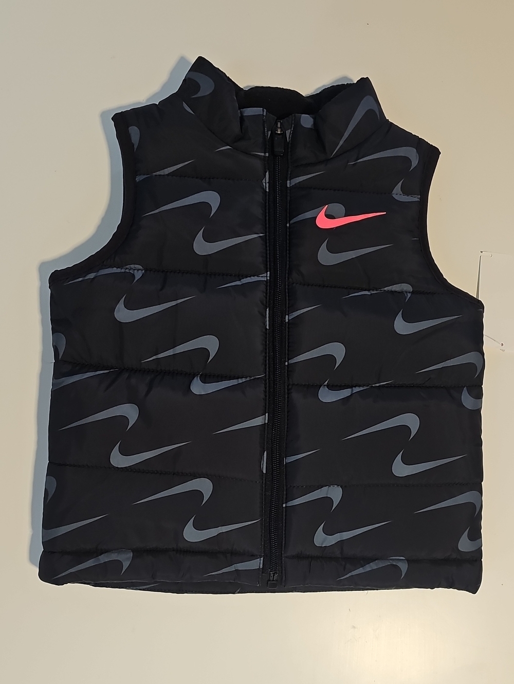 NIKE Kids 2T Black Puffer Vest with Swoosh Symbol Print